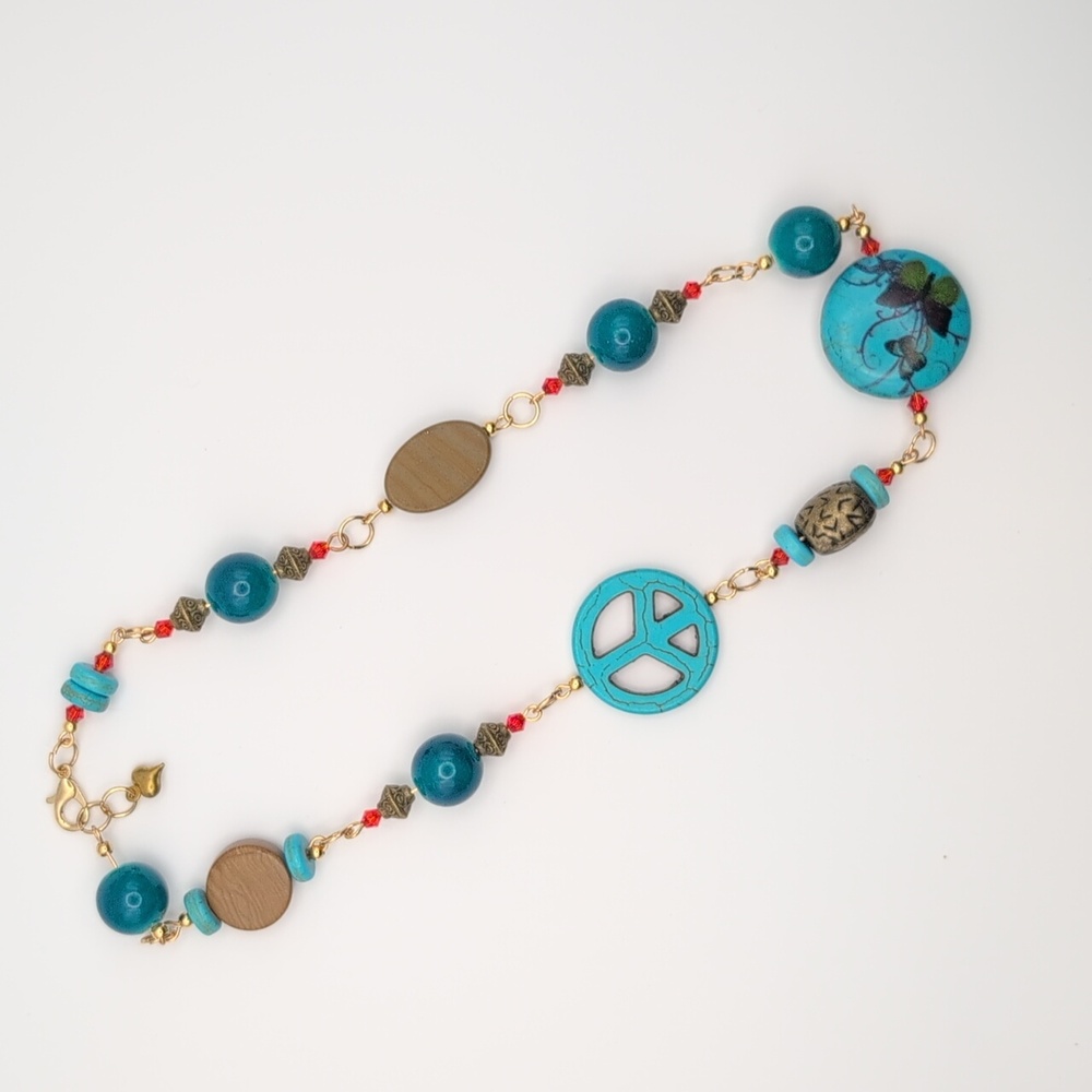 Handmade Ceramic, Fossilized Wood, Czech Glass Brass Tone Necklace 16"